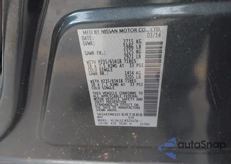 2014 Nissan Pathfinder Sl z USA, uszkodzony, nr VIN 5N1AR2MN1EC687888